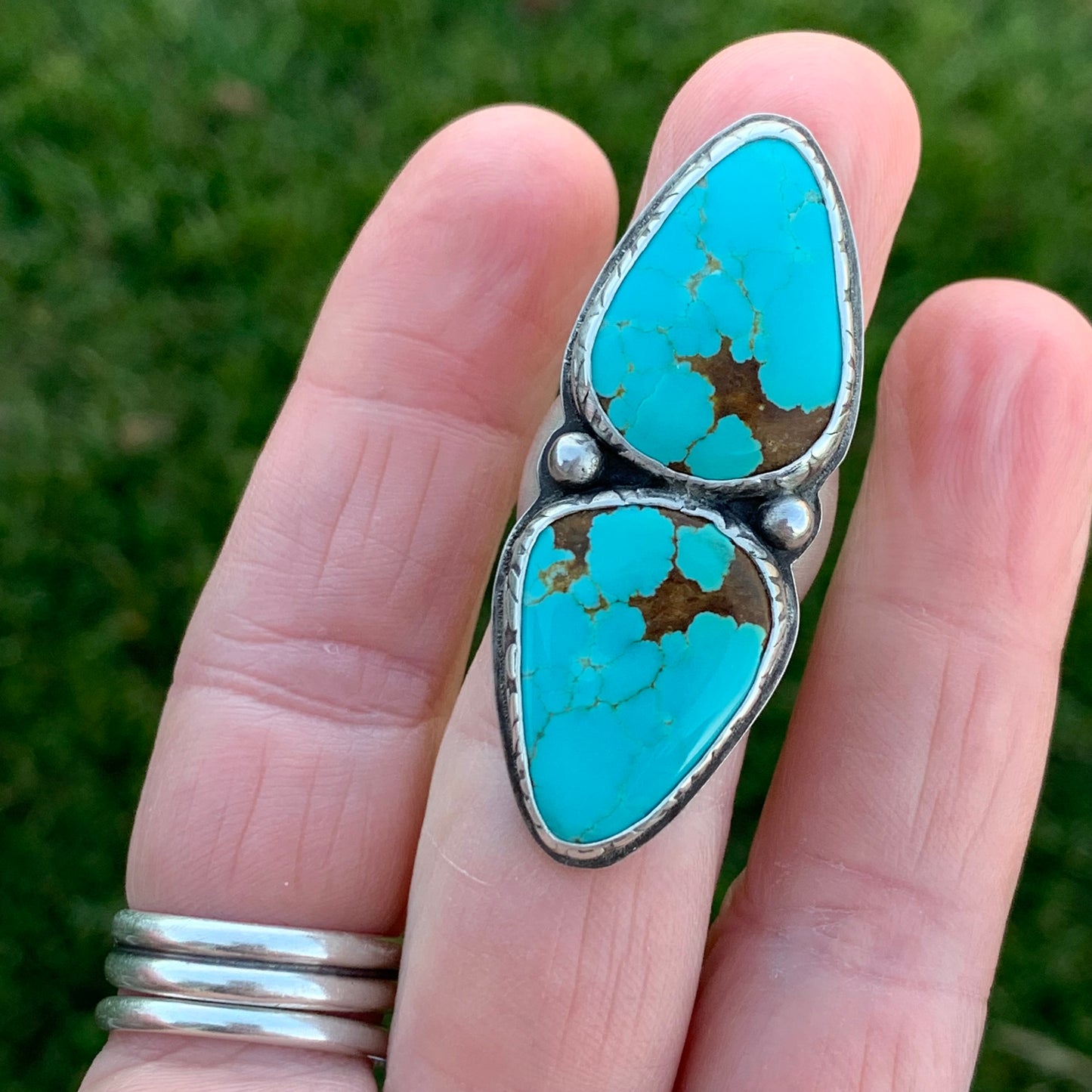 Big Two Stone Turquoise Ring Wide Band Size 7 US