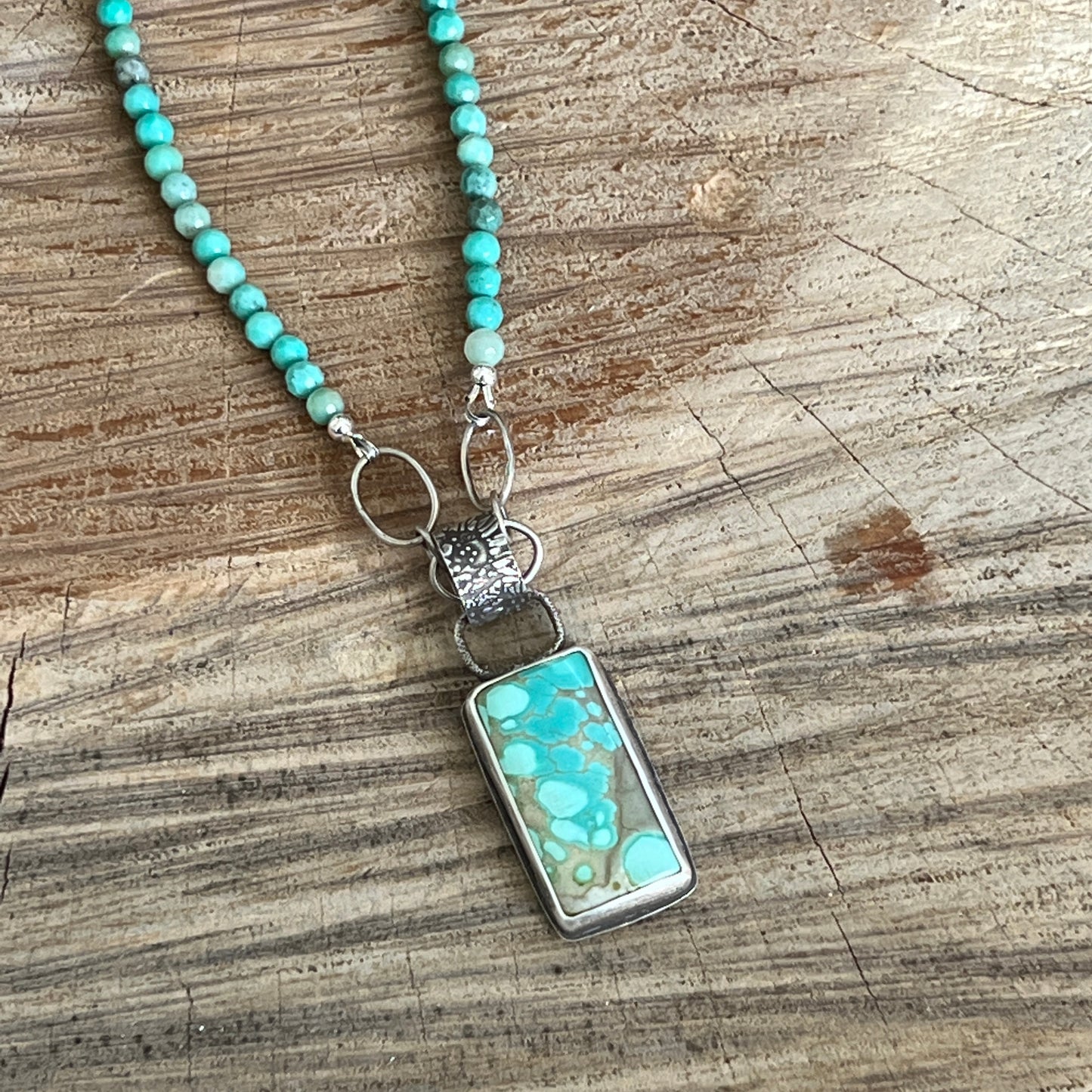 Kingman Turquoise Rectangle Pendant, Moss Opal Handcrafted Chain