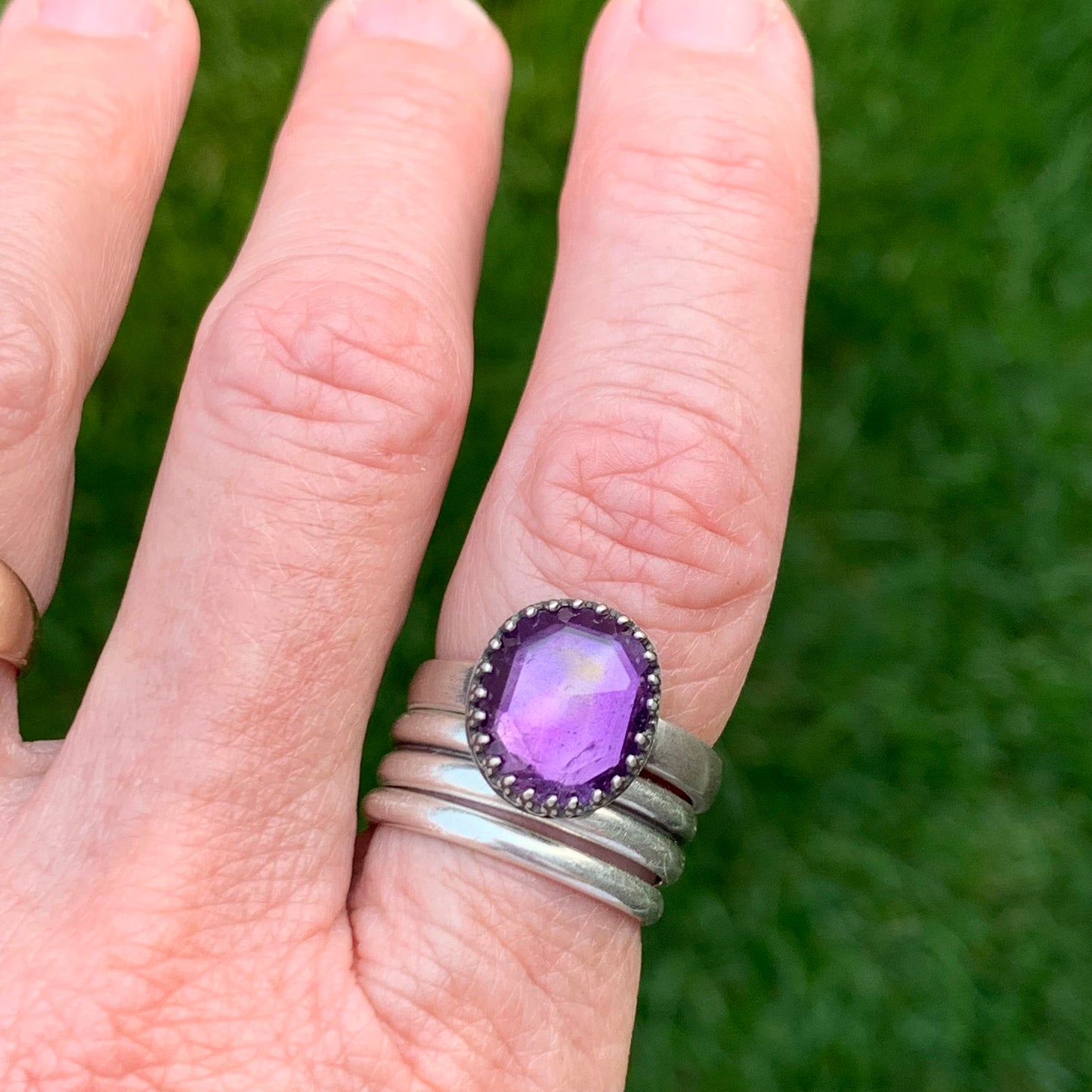 Rose Cut Amethyst Ring on Thick Sterling Silver Band Size 8