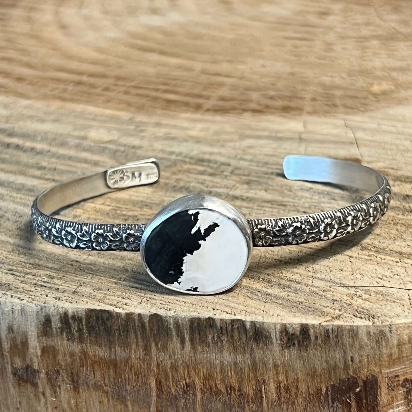 White Buffalo Turquoise Cuff, Floral Pattern Silver