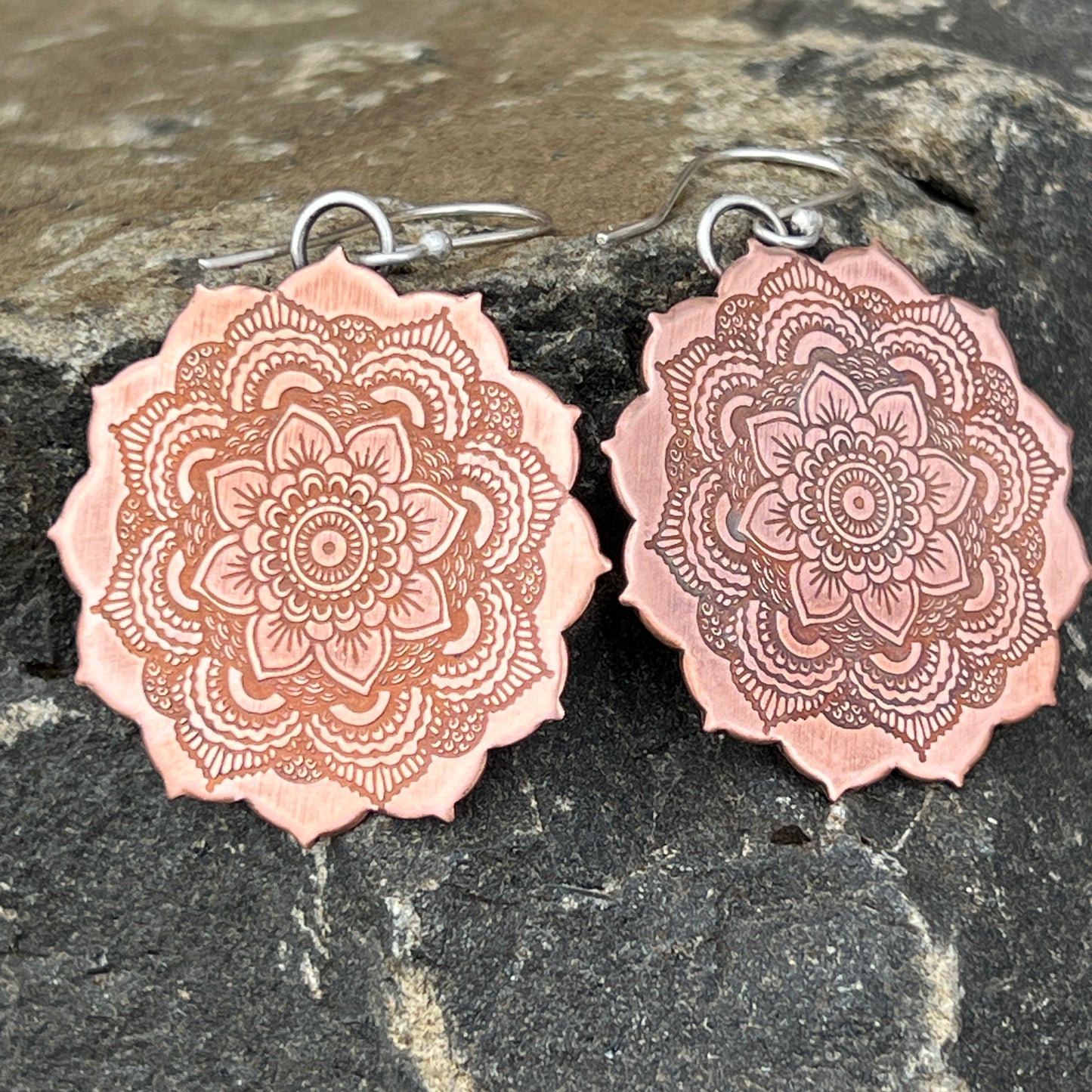 Copper Mandala Earrings, Sterling Silver Ear Wires, Bohemian Style