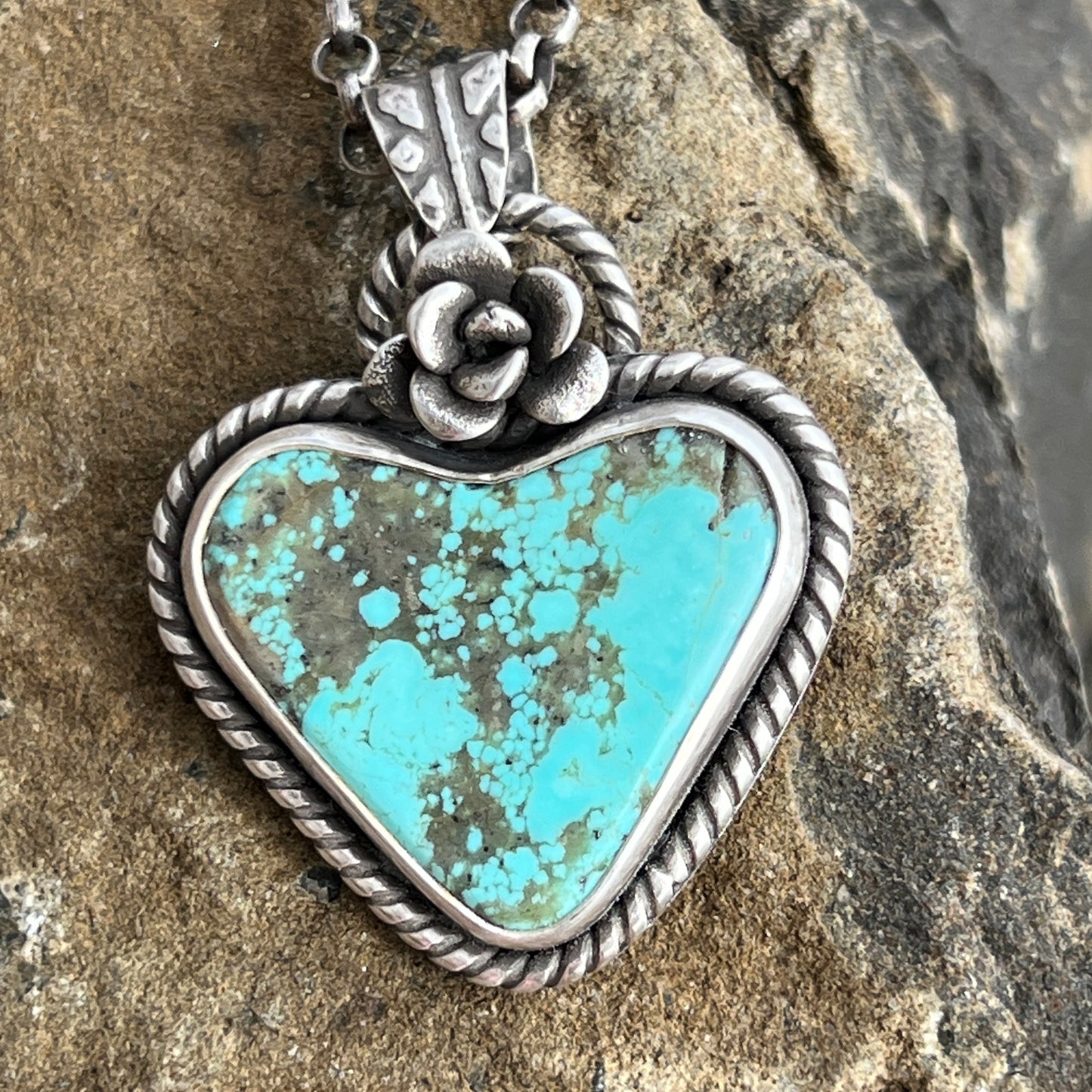 Nacozari Turquoise Heart Necklace with Sterling Silver Succulent Flower