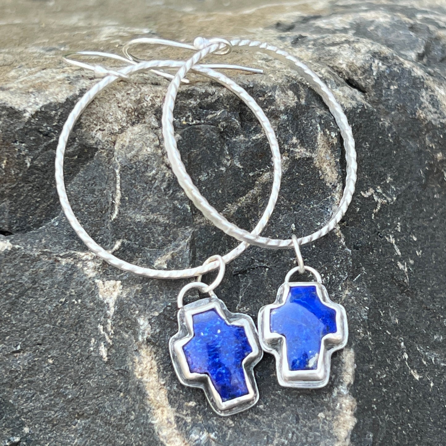 Thick Silver Hoop Earrings with Lapis Lazuli Cross Dangles, Modern Southwest Jewelry