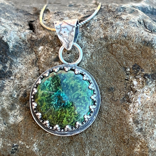 Round Green Turquoise Pendant, Sterling Silver Patterned Back, Peace and Love