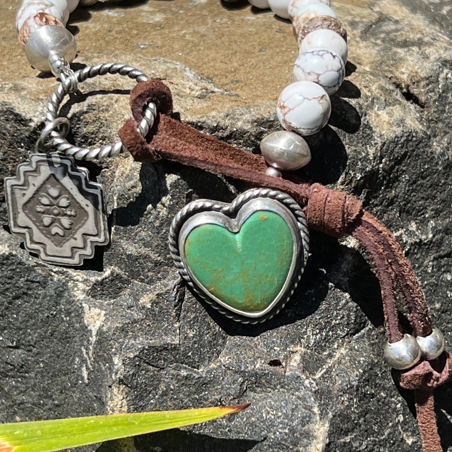 Wild Horse Magnesite Beaded Bracelet with Handmade Sterling Silver Beads & Royston Turquoise Heart