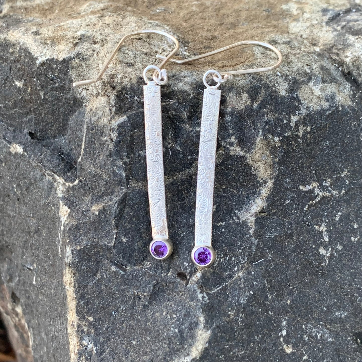 Bar Earrings With Purple Cubic Zirconia, Sterling Silver