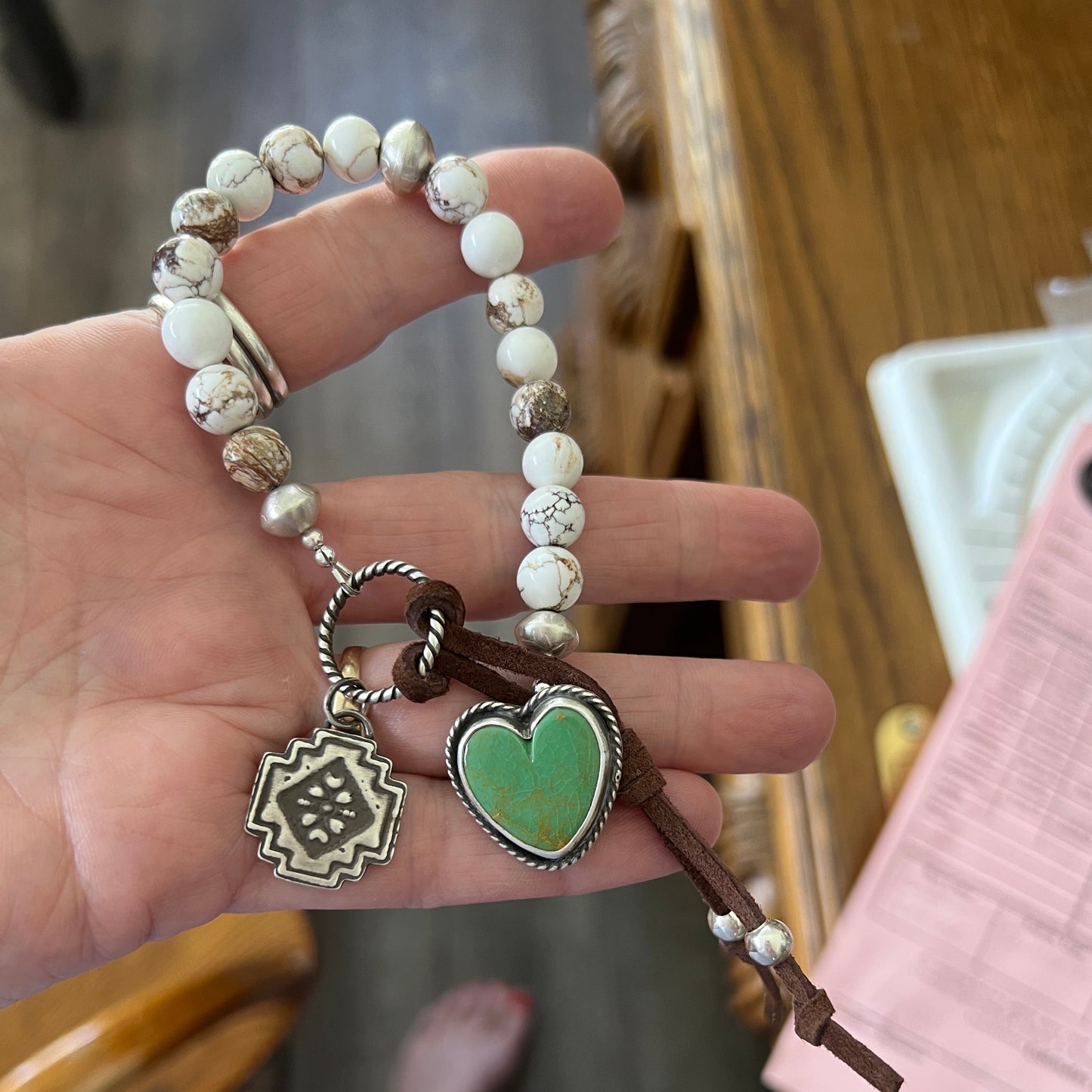 Wild Horse Magnesite Beaded Bracelet with Handmade Sterling Silver Beads & Royston Turquoise Heart