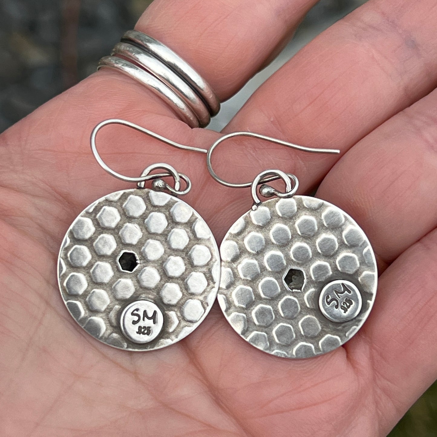 Sterling Silver Honeybee Earrings with Honeycomb Texture