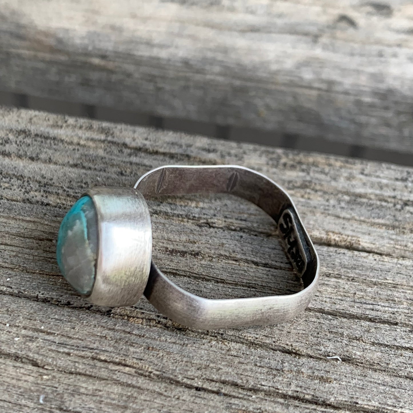 Royston Ribbon Turquoise Ring, Thick Sterling Silver Square Band Size 8.5 US