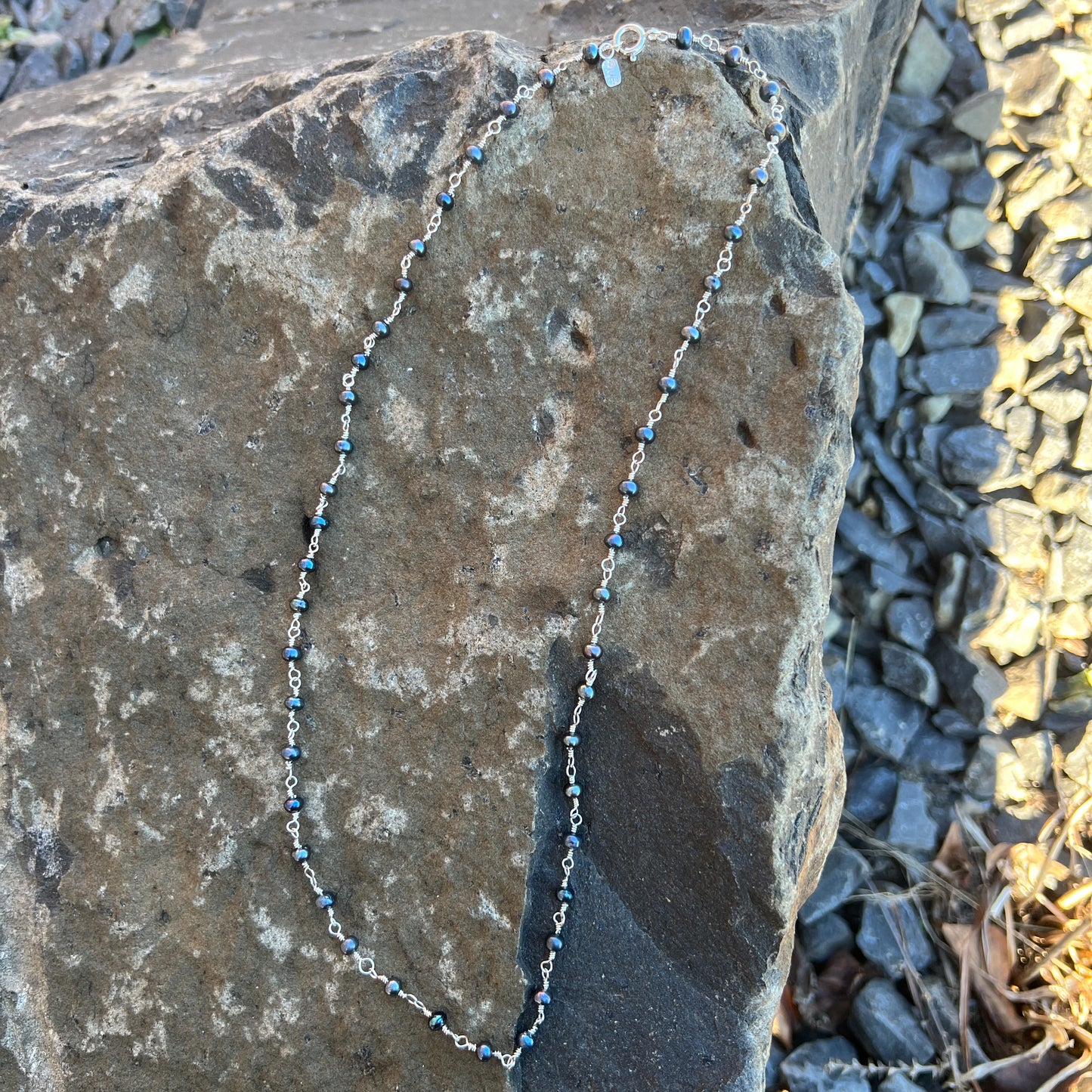 Blue Pearl Necklace on Hand-wrapped Sterling Silver