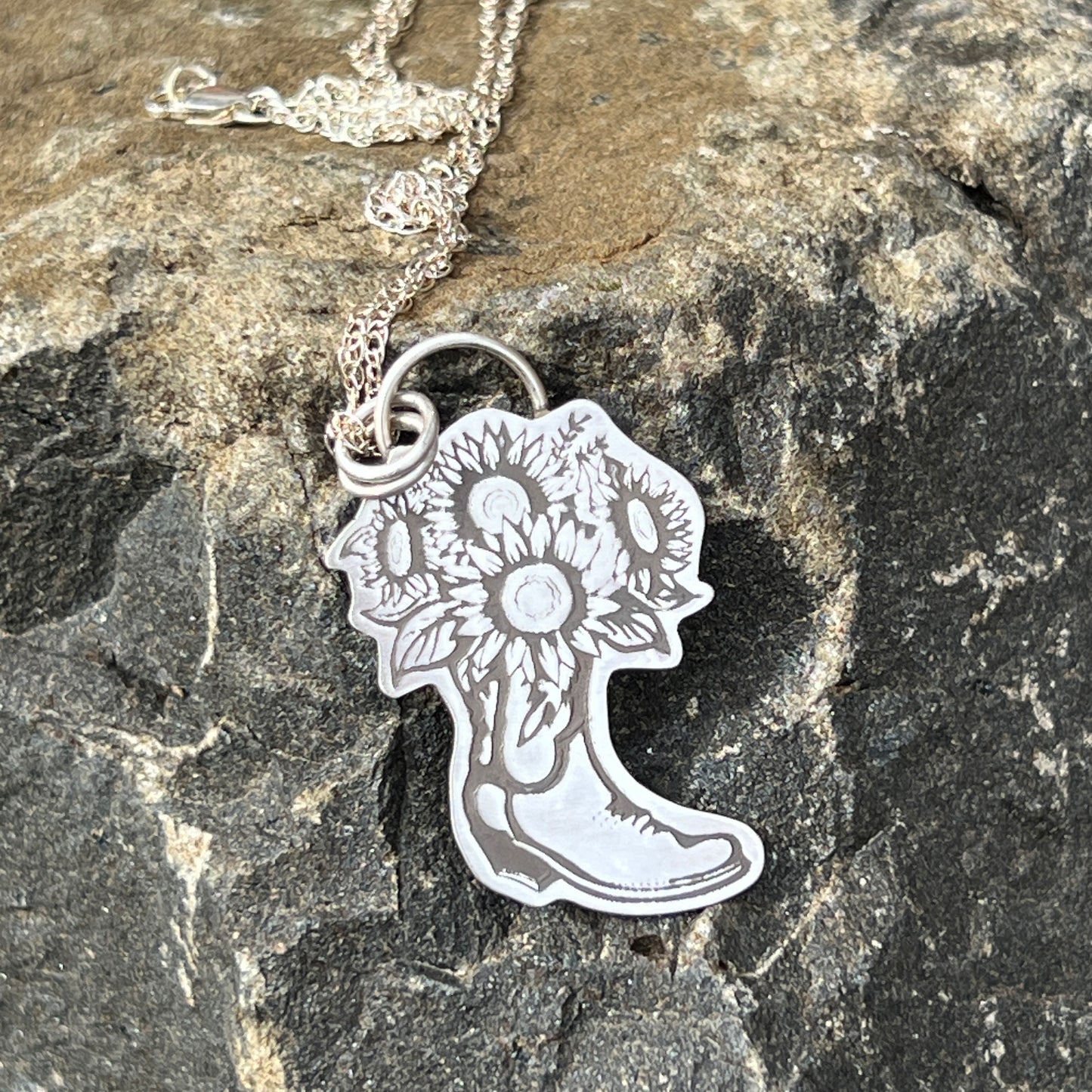 Floral Cowgirl Boot Necklace with Sunflower Bouquet Sterling Silver