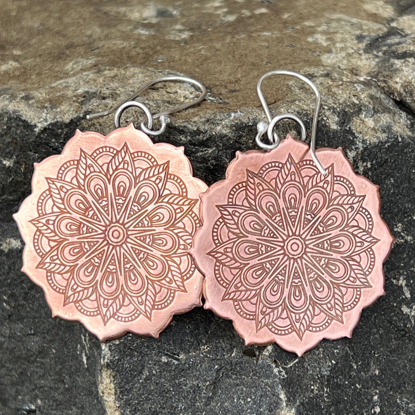 Mandala Earrings Pure Copper Circles, Sterling Silver Ear Wires, Bohemian Style