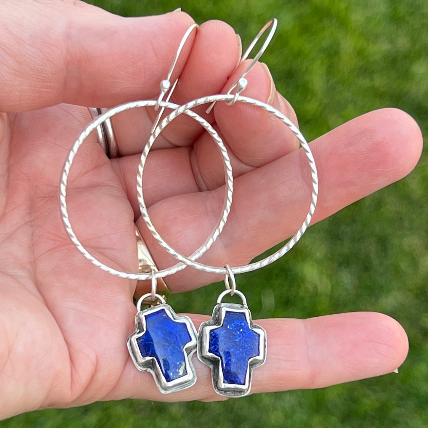 Thick Silver Hoop Earrings with Lapis Lazuli Cross Dangles, Modern Southwest Jewelry