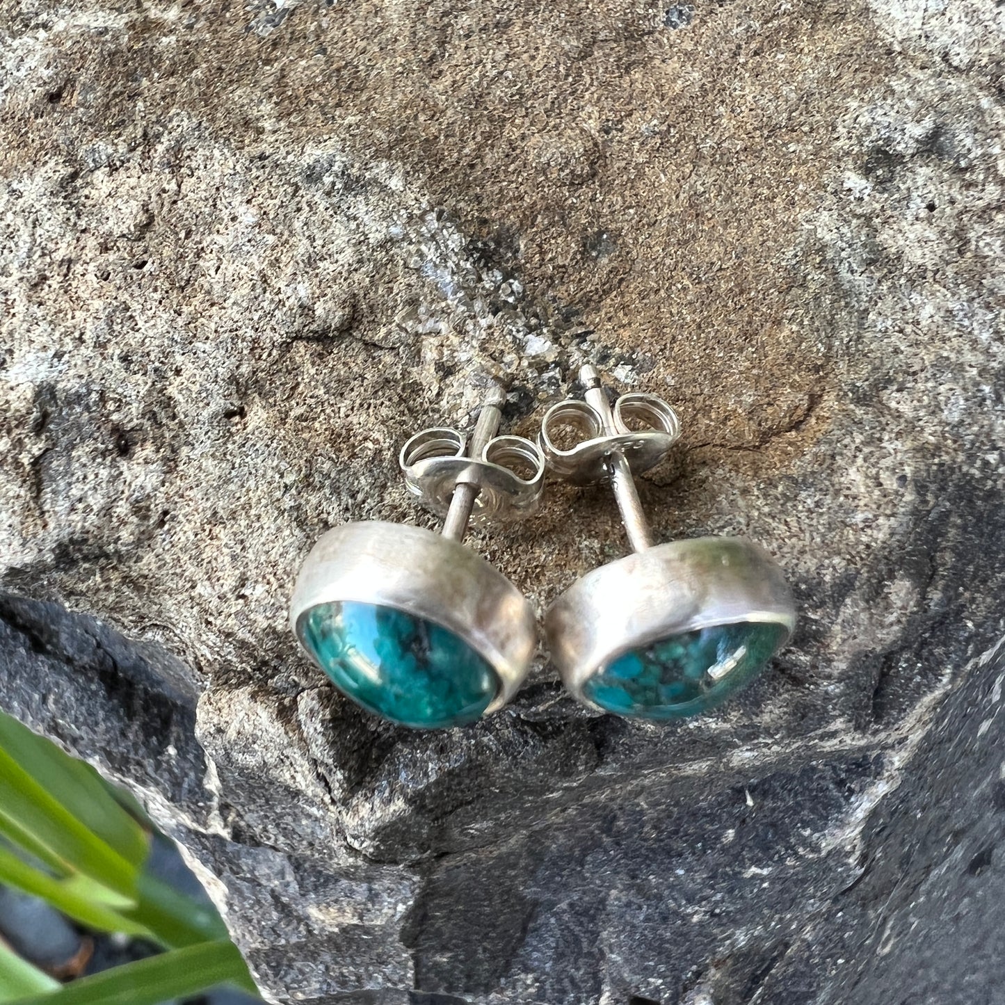 Blue Green Turquoise Stud Earrings, Sterling Silver