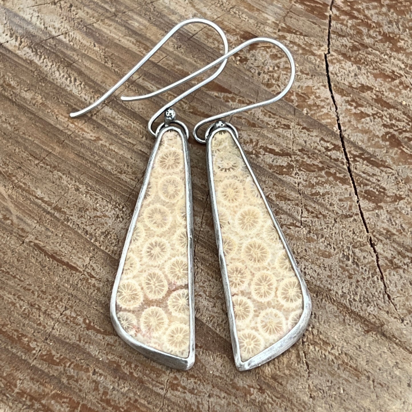 Fossil Coral Long Earrings, Sterling Silver