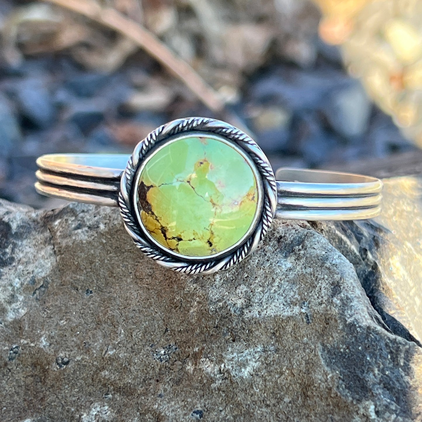 Round Turquoise Cuff Bracelet, Sterling Silver Triple Wire Band