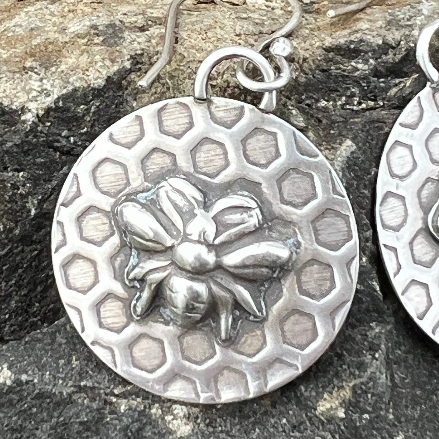 Sterling Silver Honeybee Earrings with Honeycomb Texture