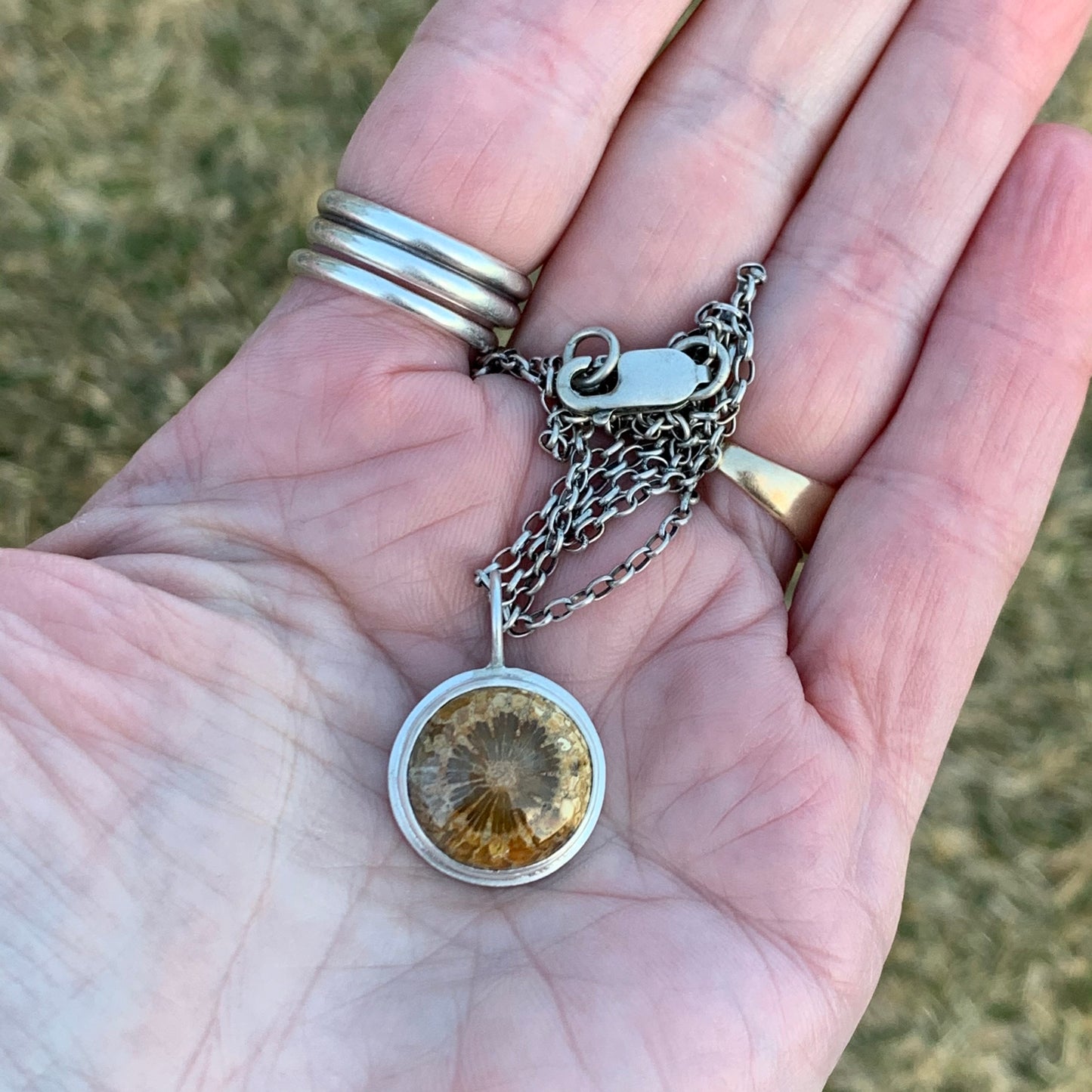 Fossilized Coral Necklace, Sterling Silver Fabricated Pendant