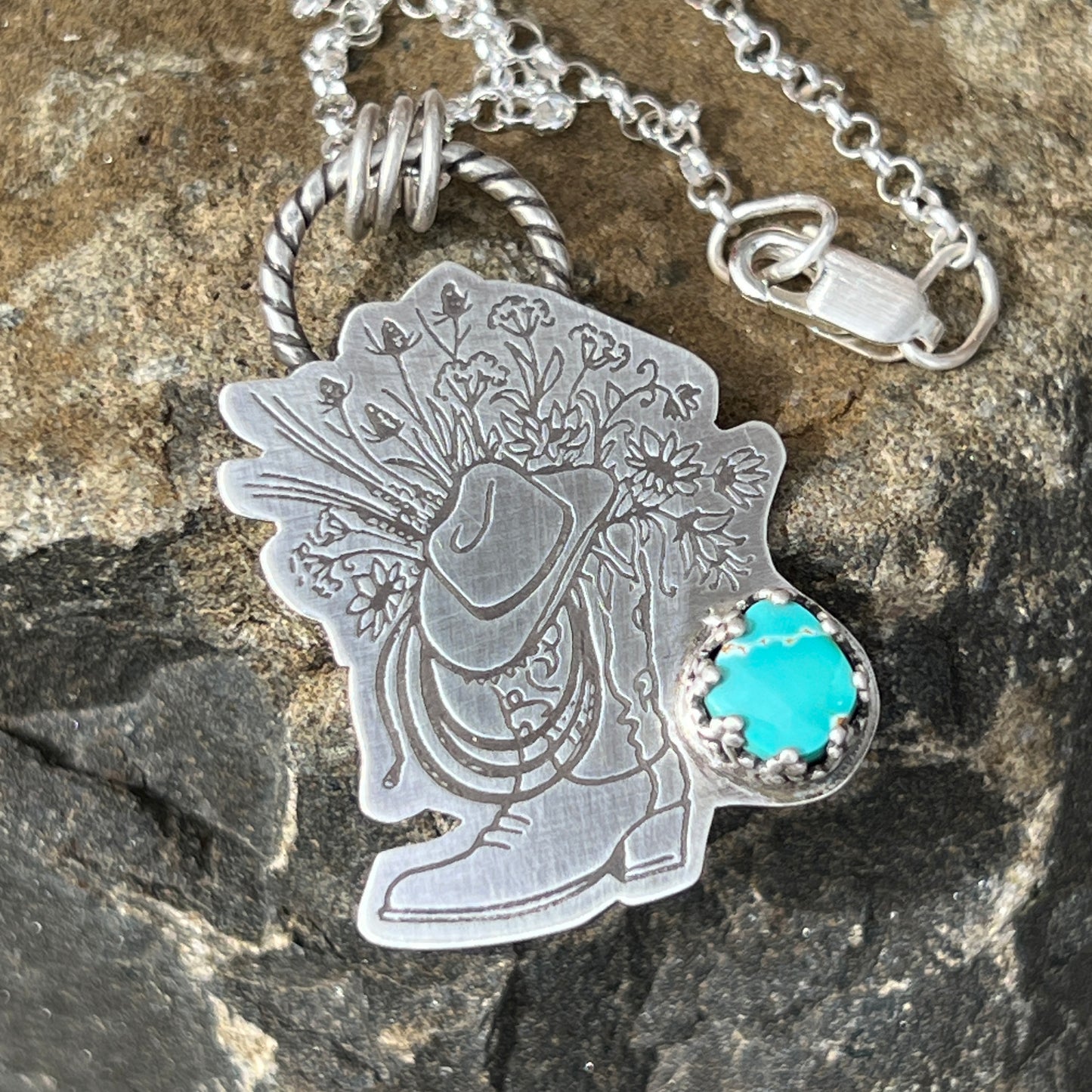 Turquoise Cowgirl Boot Necklace on Sterling Silver with Rope, Hat Floral Bouquet, Coastal Cowgirl