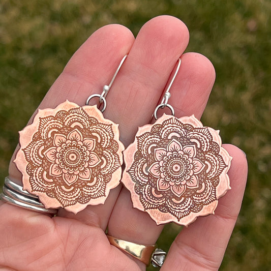 Copper Mandala Earrings, Sterling Silver Ear Wires, Bohemian Style