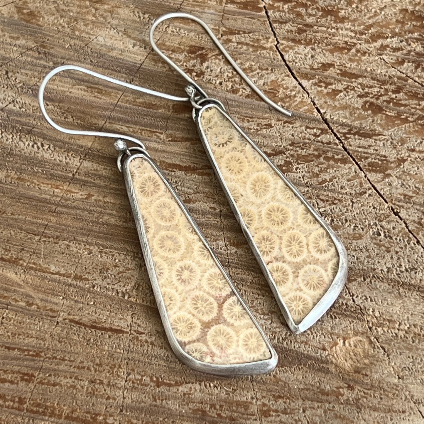 Fossil Coral Long Earrings, Sterling Silver