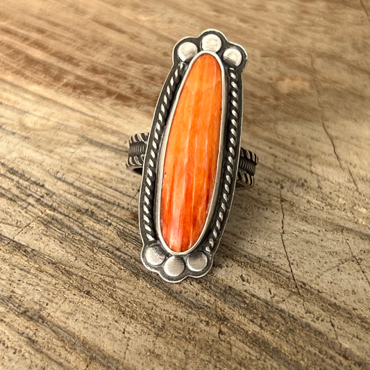 Orange Spiny Oyster Long Oval Ring, Size 7