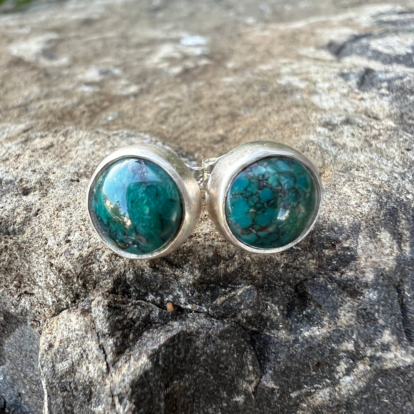 Blue Green Turquoise Stud Earrings, Sterling Silver